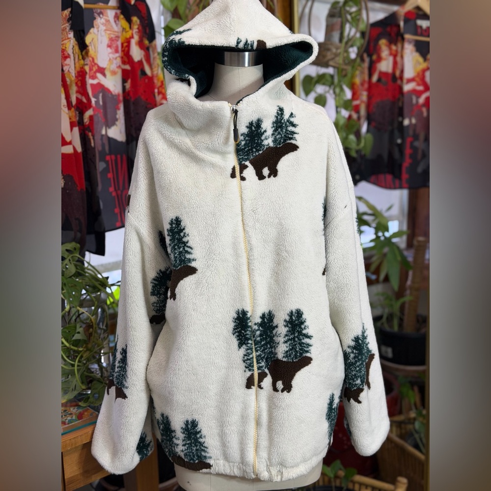 Country Woods Fleece Jacket Hooded Bear Tree Print White Green Full Zip Medium